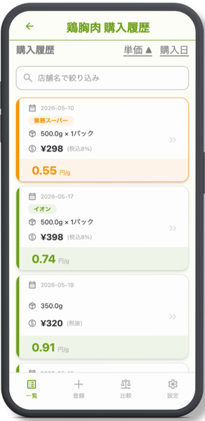 比較画面のスクリーンショット